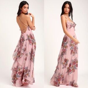 🦋 NEW LULUS Roma Blush Floral Lace Up Maxi Dress XS